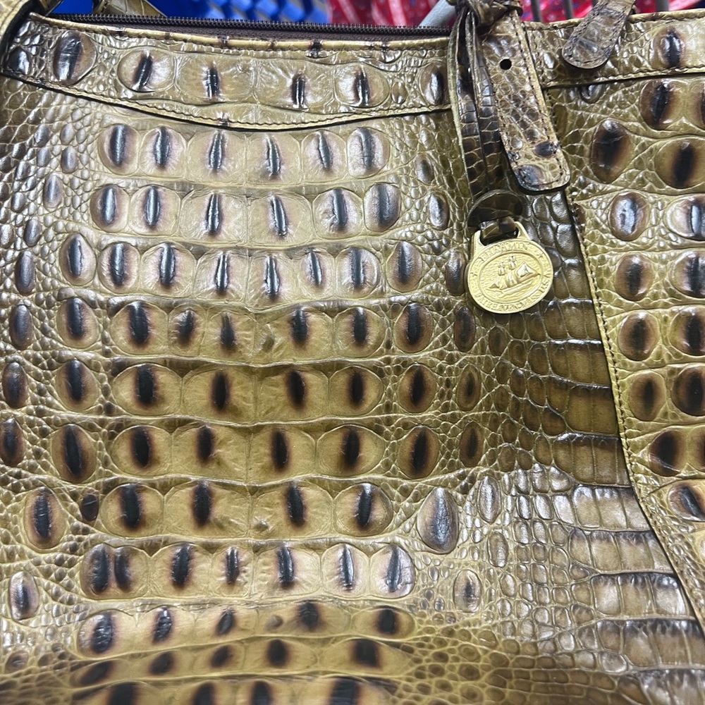 Structured  Brahmin Croc-Embossed Tote Bag in Olive Green